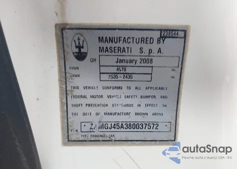 2008 Maserati Granturismo z USA, uszkodzony, nr VIN ZAMGJ45A380037572